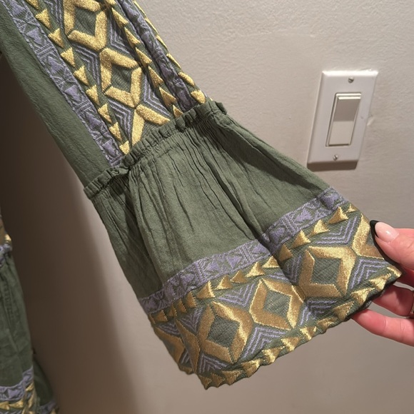 Anthropologie Lace the Label Green and Gold Mini Dress with Bell Sleeves XS - Picture 3 of 6